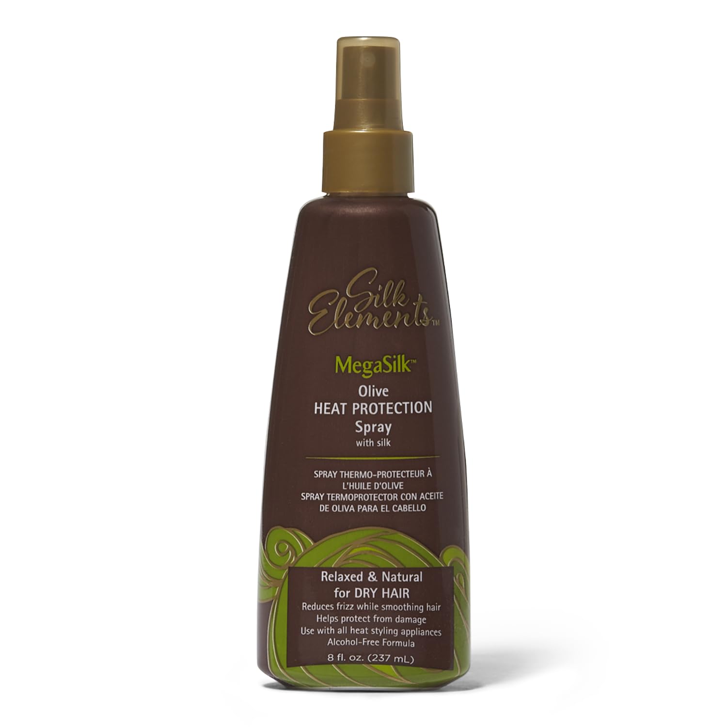 Silk Elements Megasilk Olive Heat Protection Spray bottle for smooth, frizz-free styling.