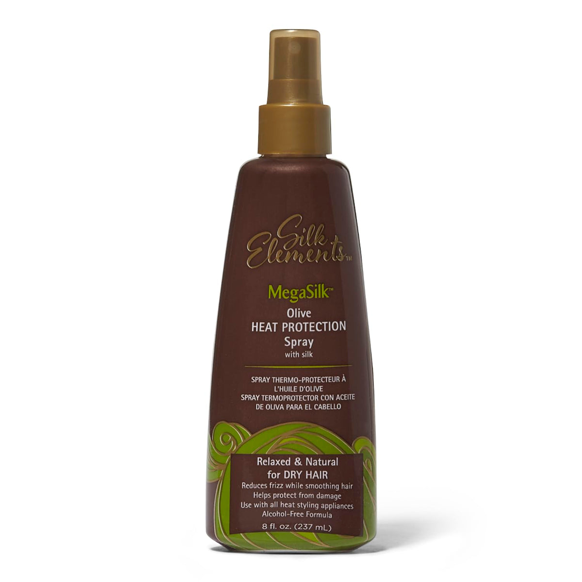 Silk Elements Megasilk Olive Heat Protection Spray bottle for smooth, frizz-free styling.