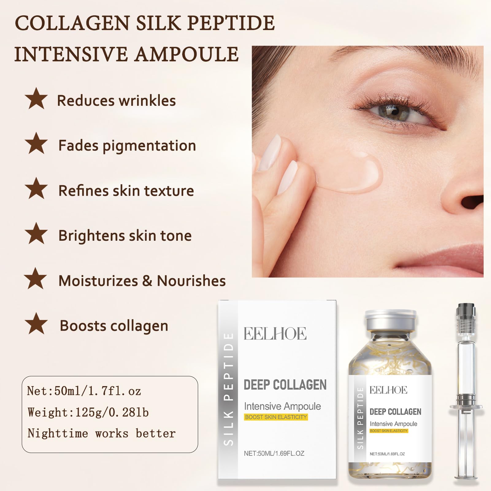Silk Peptide Intensive Lifting Ampoule label featuring collagen and peptide benefits.