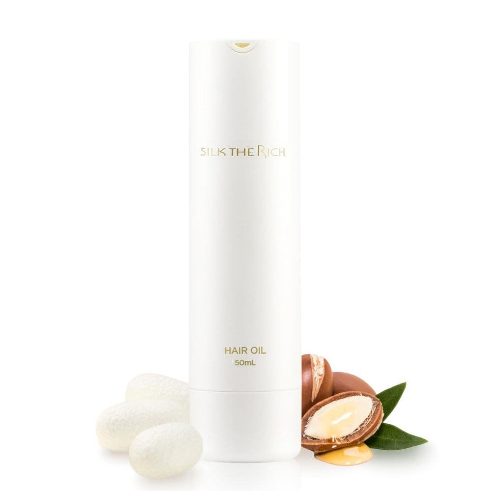 SILK THE RICH bottle and packaging highlighting argan oil for nourishing at-home hair care.