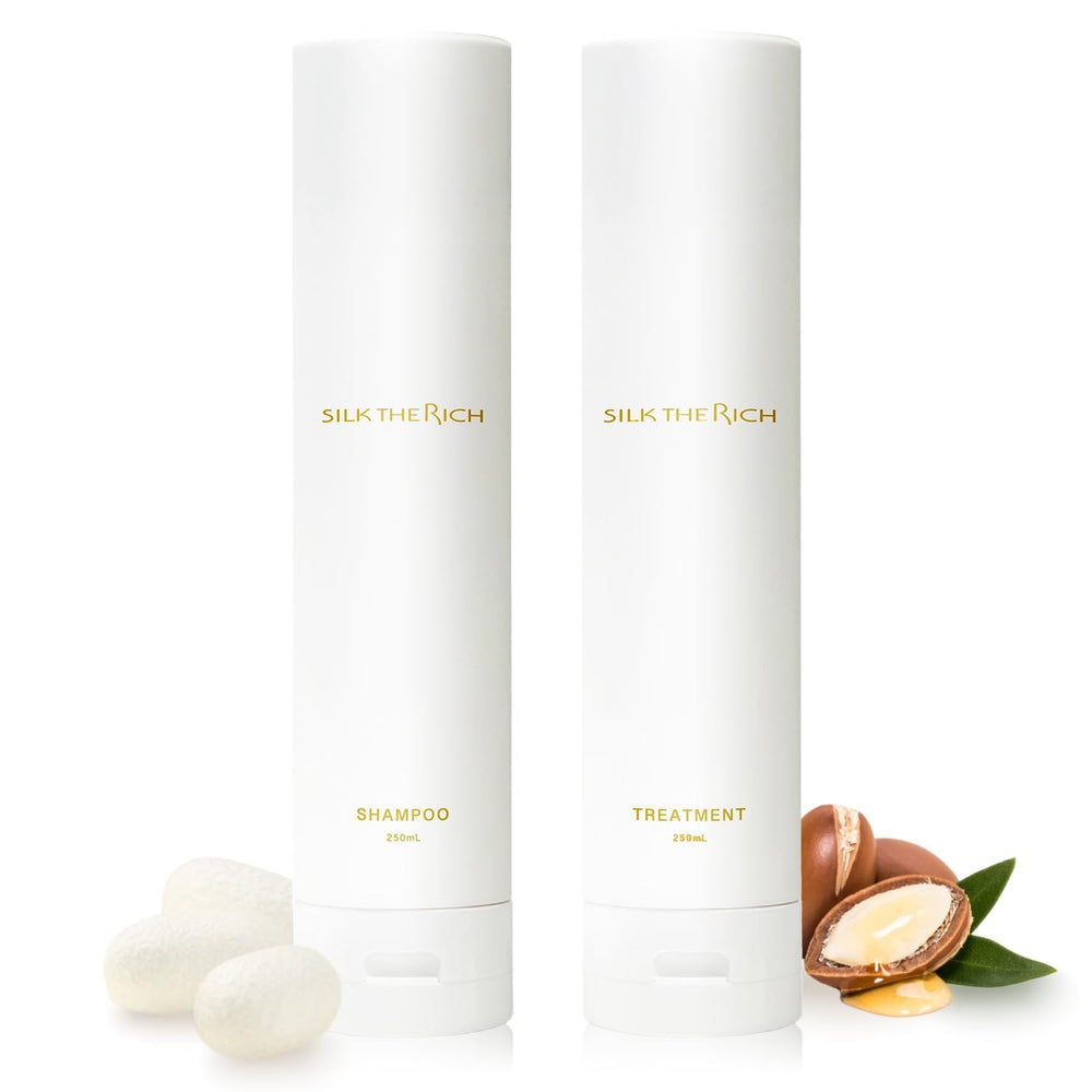 SILK THE RICH shampoo bottle closeup highlighting silk proteins for smooth hair.