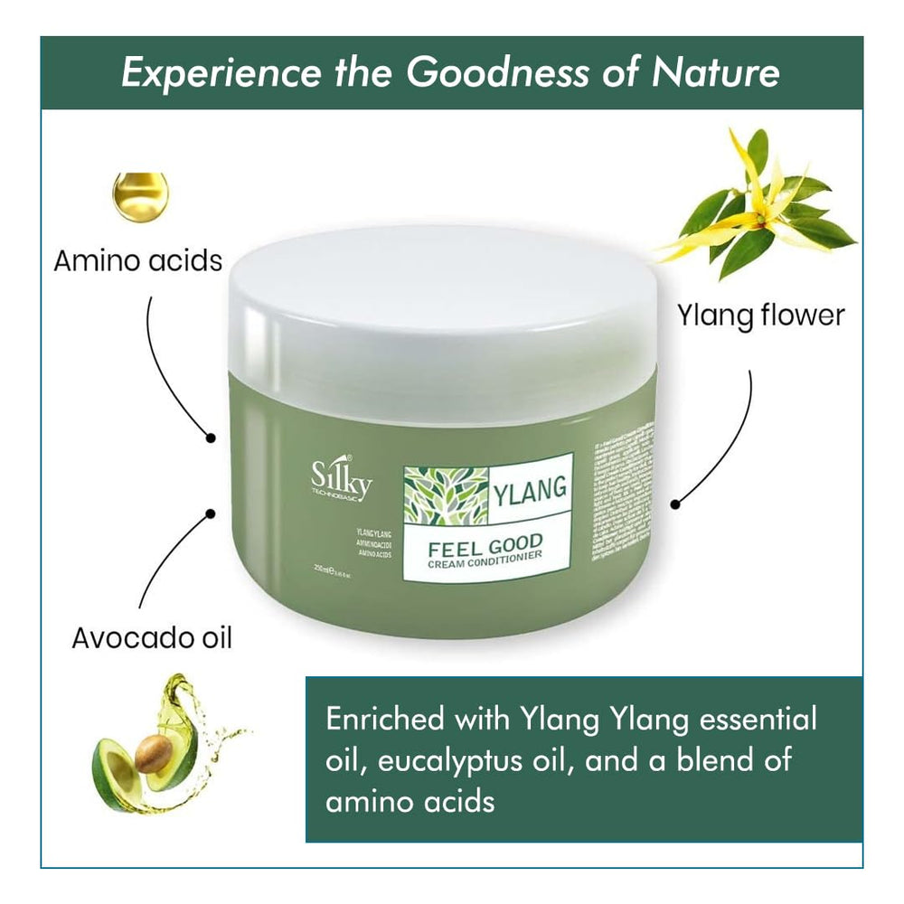 SILKY Technobasic Ylang Rinse application demonstrating massage and 5–10 minute conditioning