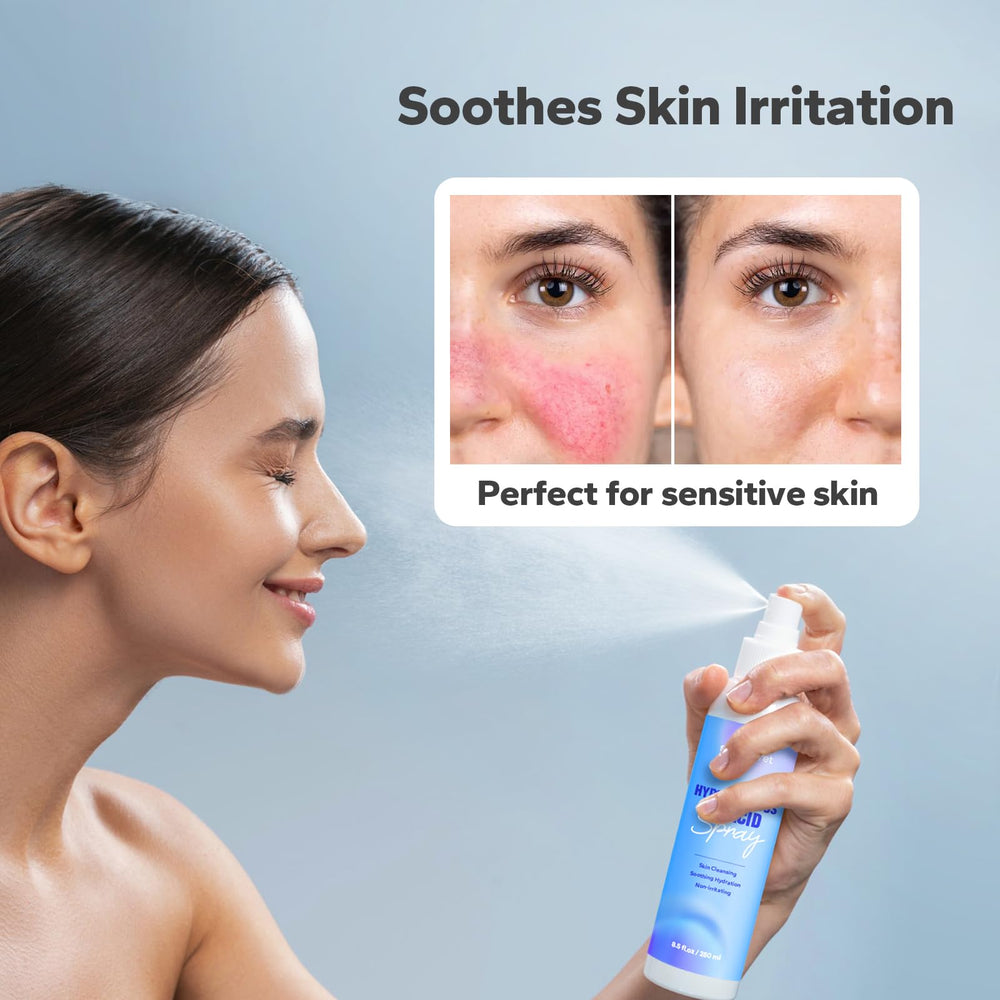 Close-up of SilkySecret face application showing gentle mist for sensitive skin.