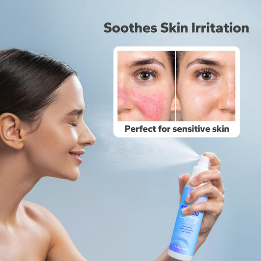Close-up of SilkySecret face application showing gentle mist for sensitive skin.