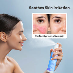 Close-up of SilkySecret face application showing gentle mist for sensitive skin.