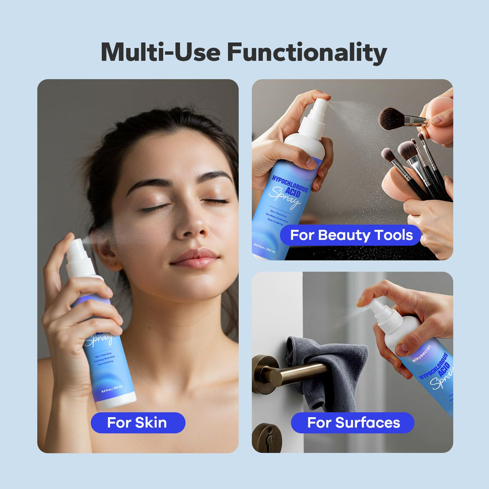 SilkySecret HOCL spray cleans makeup tools safely.