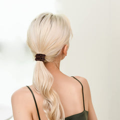 Silmer Silk Scrunchies apricot hair style ready for bun or ponytail