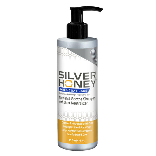 Silver Honey Nourish & Soothe shampoo pump bottle for easy bathing and precise application.