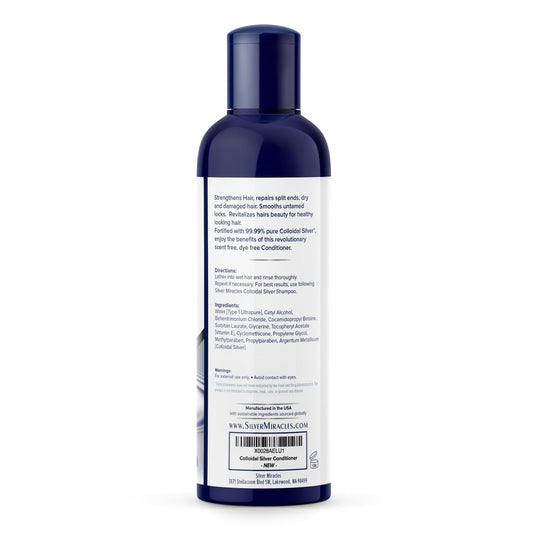 Silver Miracles Colloidal Silver Conditioner packaging; easy-to-grip 8 oz bottle for daily use.