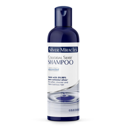 Silver Miracles Colloidal Silver Shampoo Unscented bottle highlighting a pure, soothing formula for calm scalp