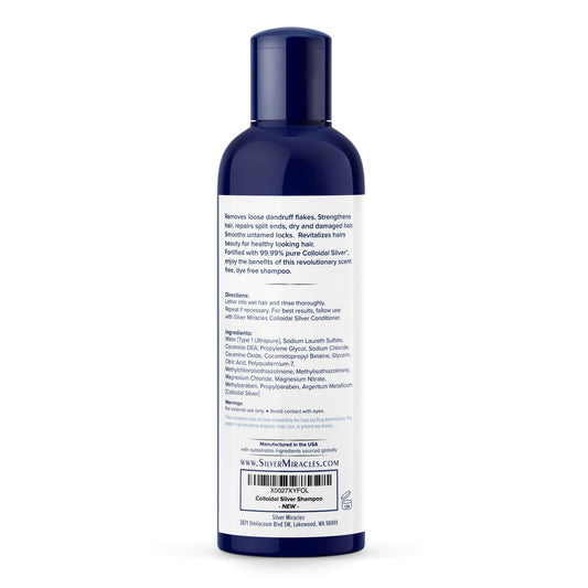 Silver Miracles Colloidal Silver Shampoo Unscented pour demonstrates gentle cleansing for sensitive scalps