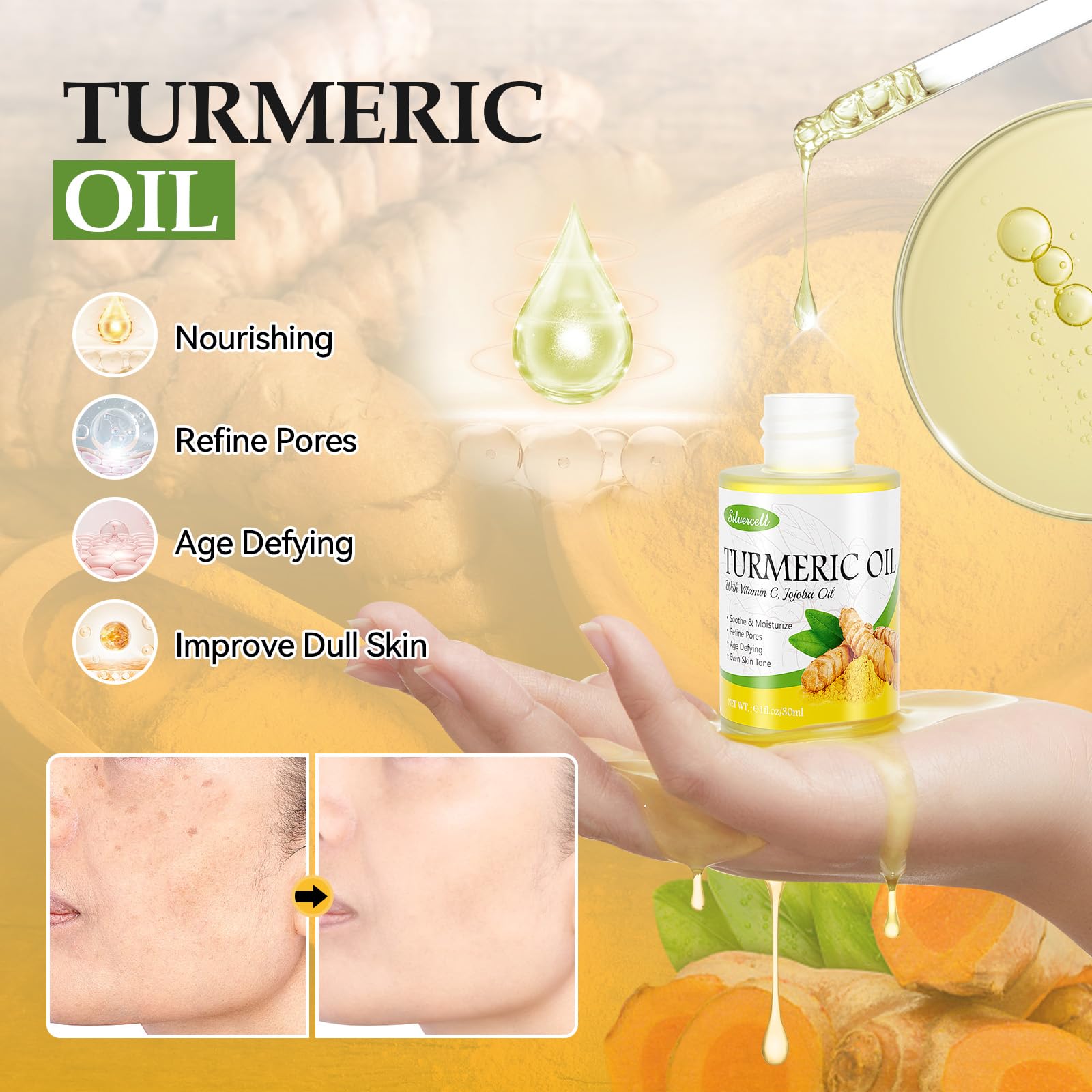 Silvercell turmeric oil bottle providing lightweight nourishment for healthy glow.