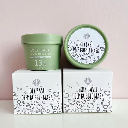Silverlake Essentials Holy Basil Deep Bubble Mask bubbles forming on skin for a refreshing cleanse.