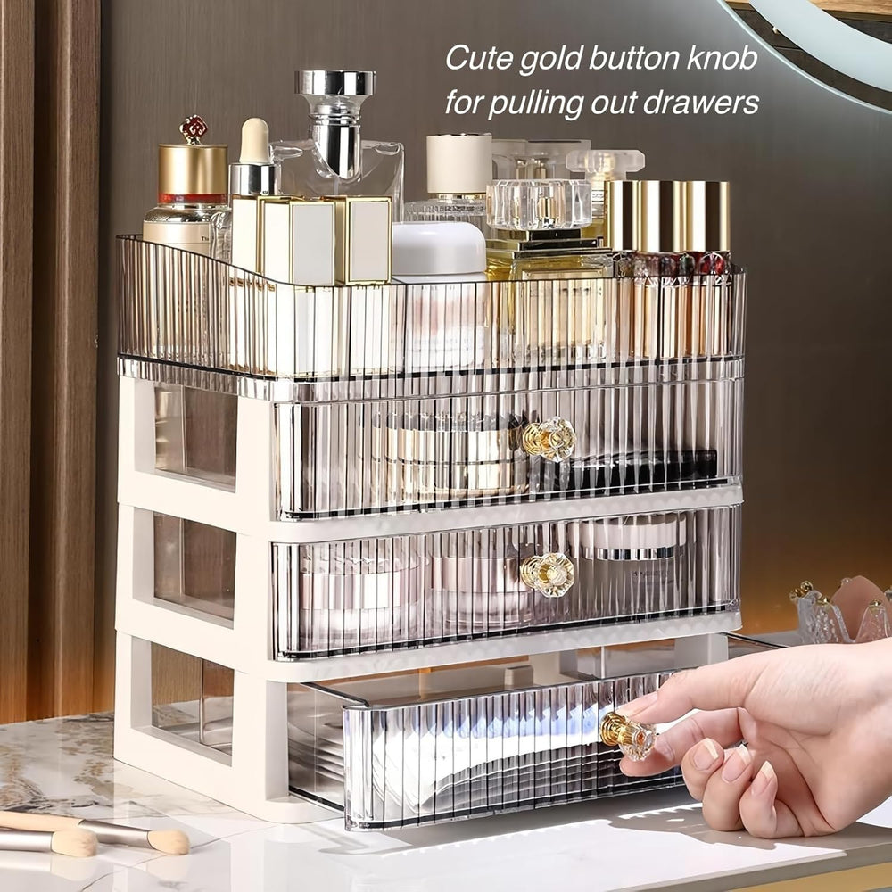Simbuy clear makeup organizer, drawer close-up, highlights BPA-free plastic durability.