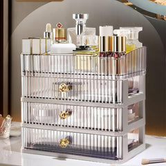 Simbuy clear makeup organizer, top view, shows organized cosmetics for easy access.