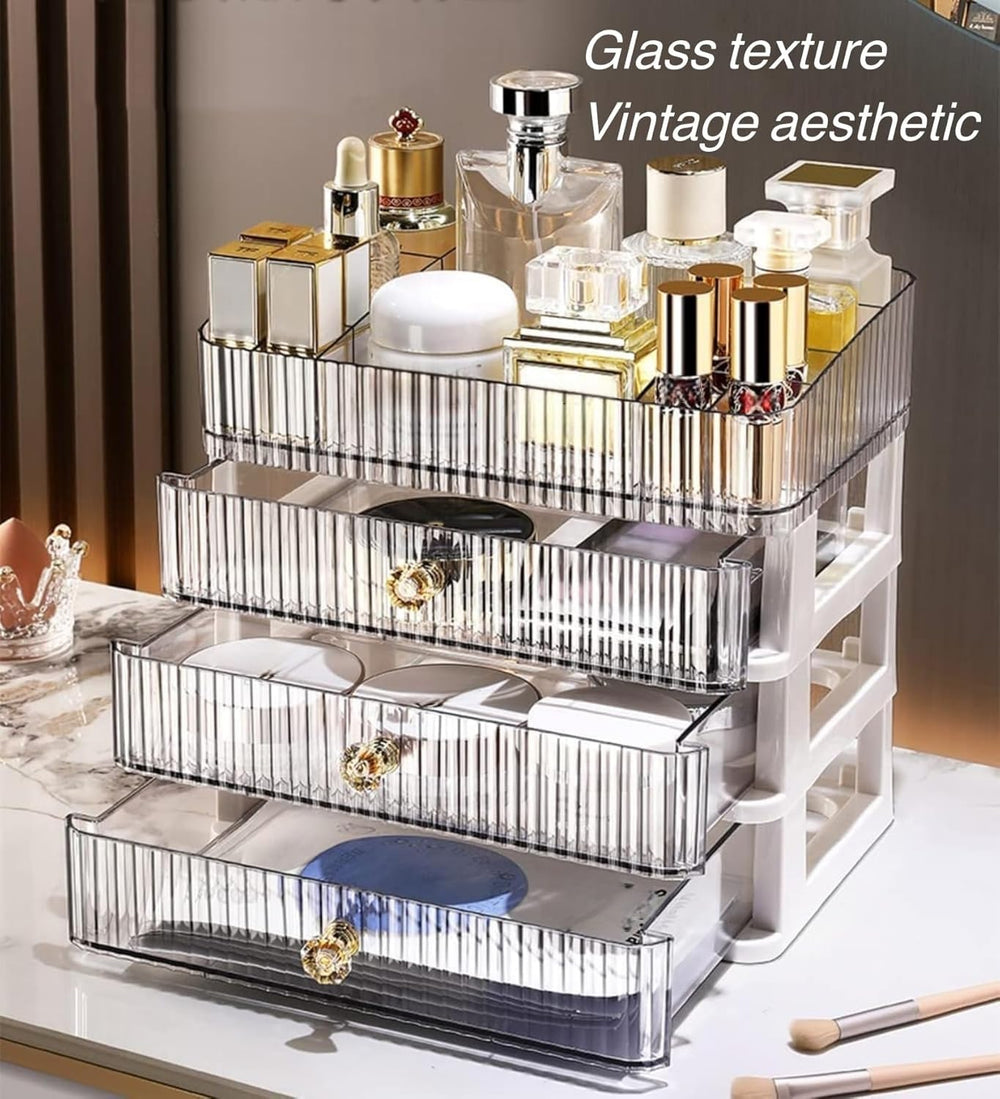 Simbuy clear makeup organizer with drawers open, cosmetics neatly stored.