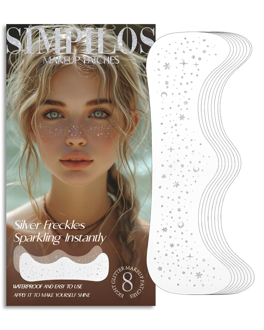 Simpilos face glitter patches in silver freckles illuminate the skin for festival-ready shine