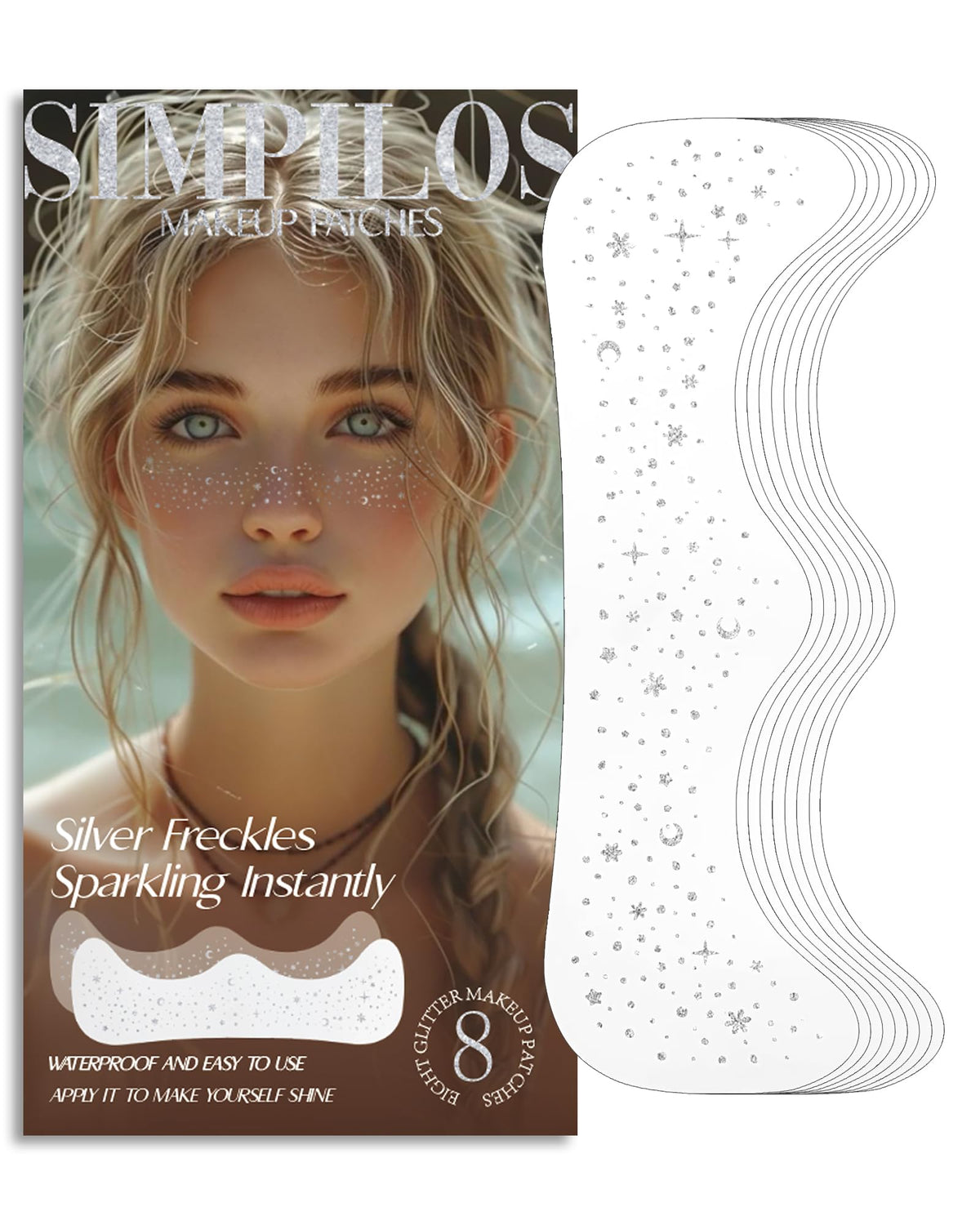 Simpilos face glitter patches in silver freckles illuminate the skin for festival-ready shine