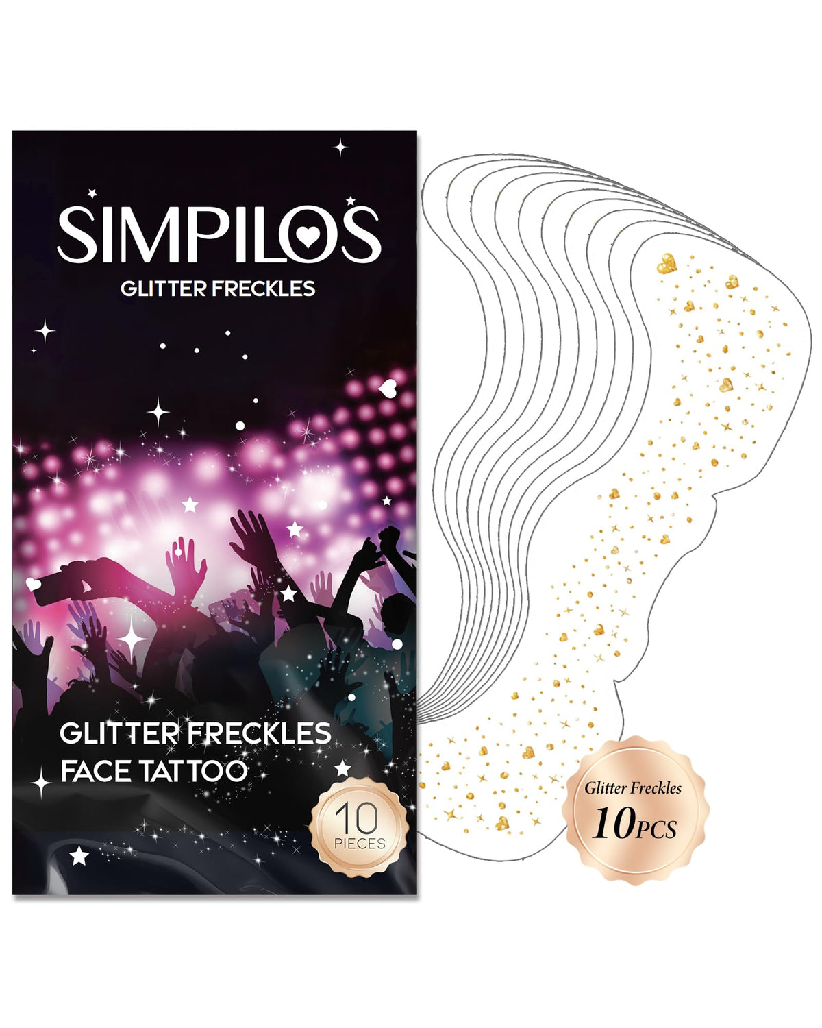 Simpilos Glitter Freckles packaging with gold heart design for festival sparkle.