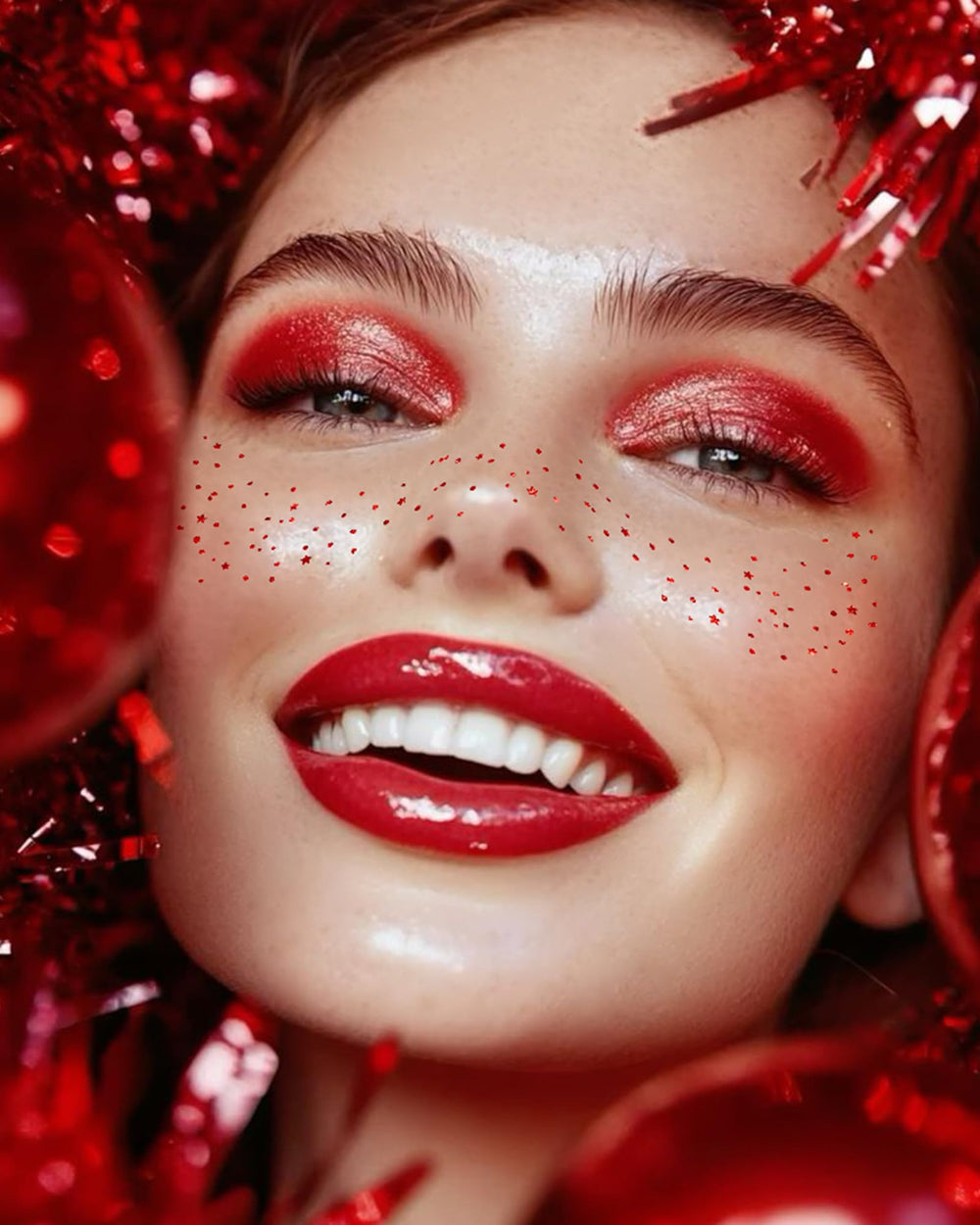 Simpilos Red Glitter Freckles with dot and star designs for sparkle.