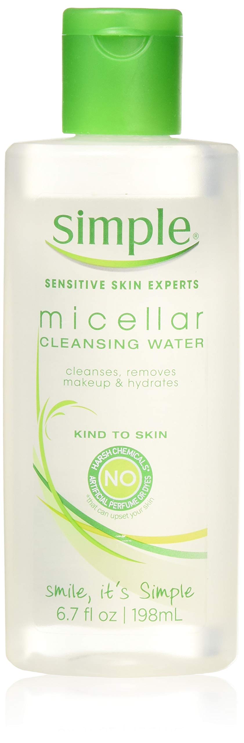 Simple Micellar Cleansing Water bottle demonstrating gentle makeup removal and hydration