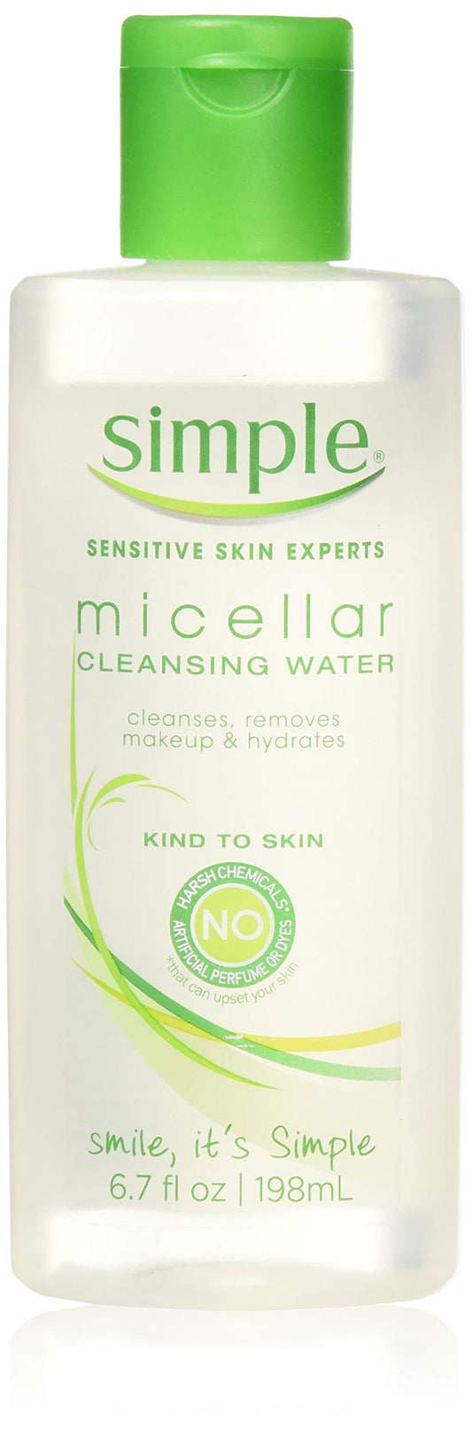 Simple Micellar Cleansing Water bottle demonstrating gentle makeup removal and hydration