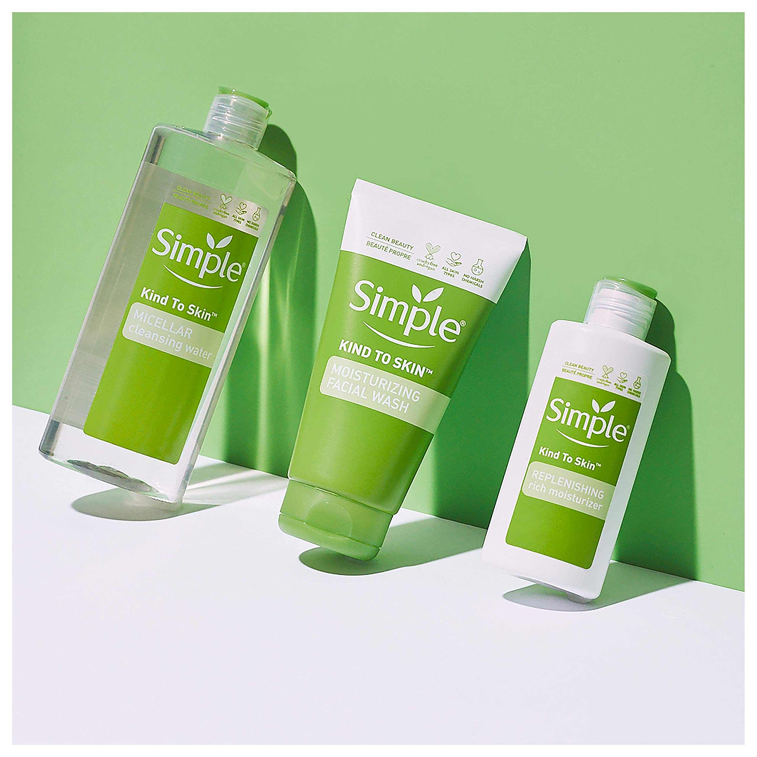 Simple Micellar Cleansing Water pouring onto cotton shows makeup removal prep