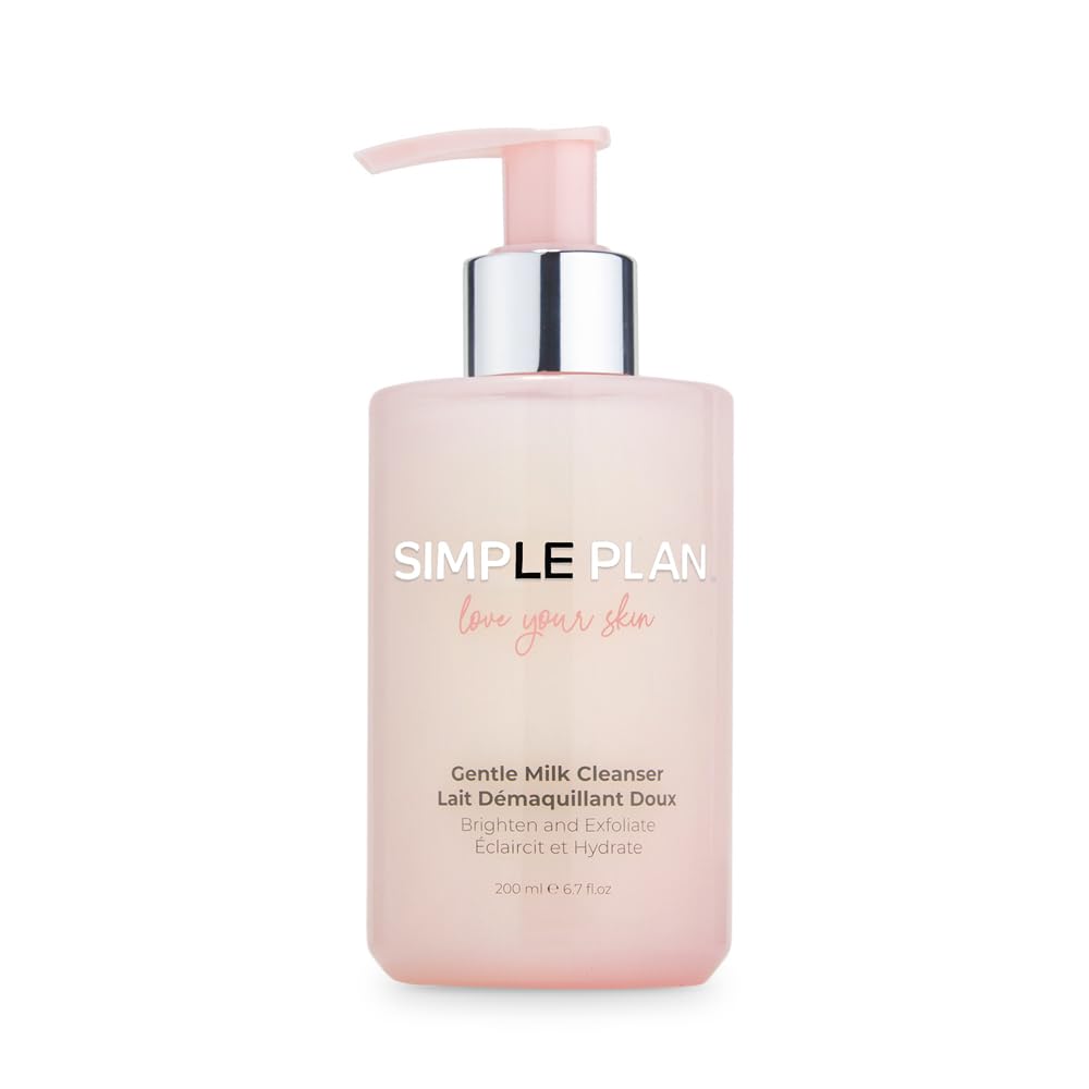 SIMPLE PLAN Hydrating Milky Cleanser bottle pour; gentle daily cleanse for sensitive skin.