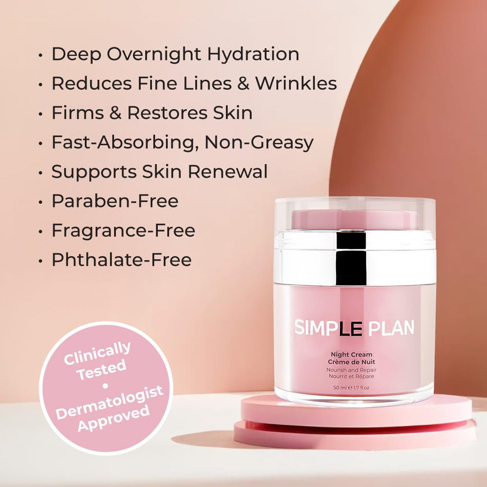 Simple Plan Night Cream ingredient highlight shows ceramides supporting moisture barrier.