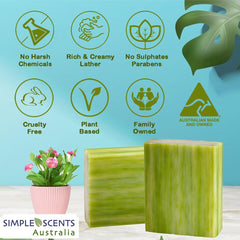Simple Scents Australia Coastal Woods sandalwood soap bar, soothing aroma enhances bath ritual.