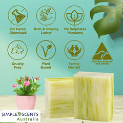Closeup of Simple Scents Australia lemongrass soap bar reveals creamy lather and shea butter.
