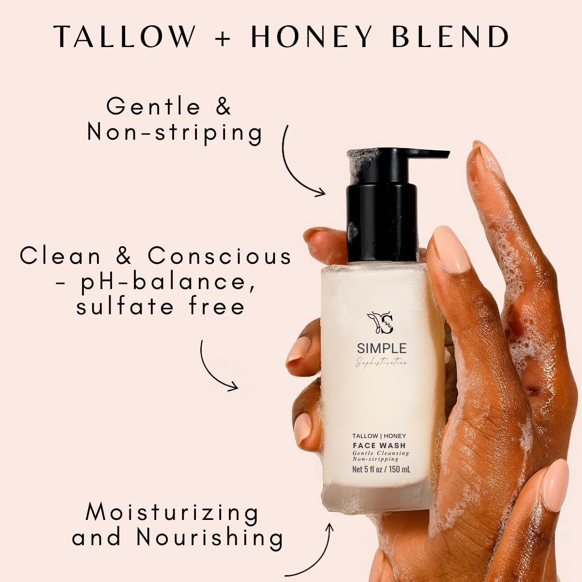 Simple Sophistication creamy lather on hand demonstrates gentle, non-strip cleansing action.