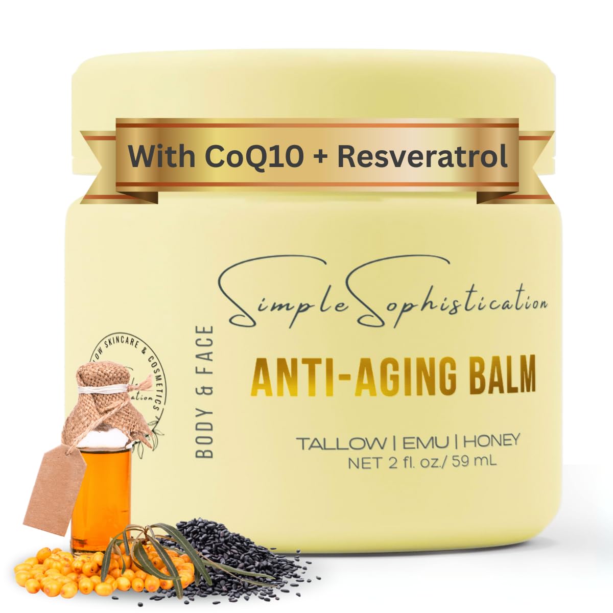 Simple Sophistication Tallow Emu Honey Balm jar ready for facial and body nourishment.