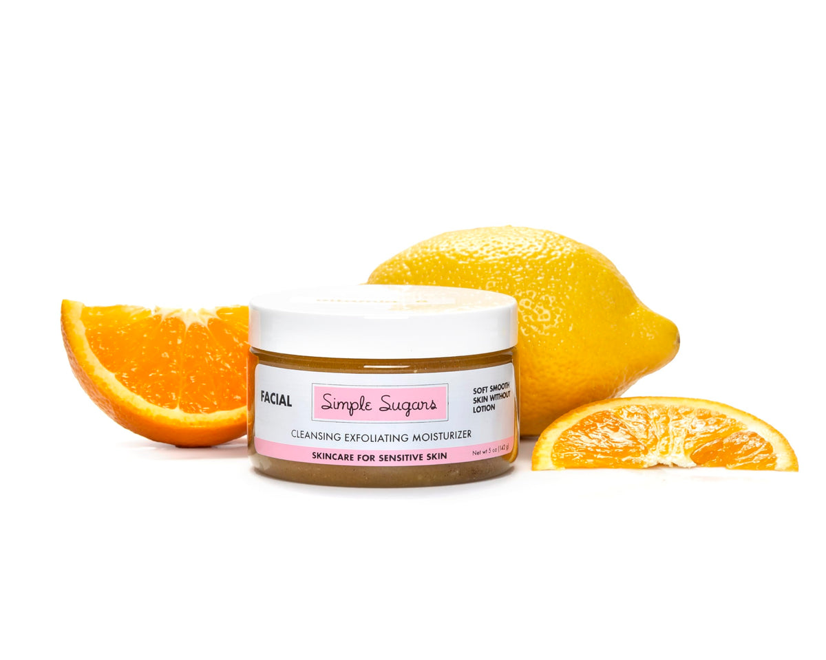 Simple Sugars Vitamin C Facial bottle shows gentle cleansing for sensitive skin.