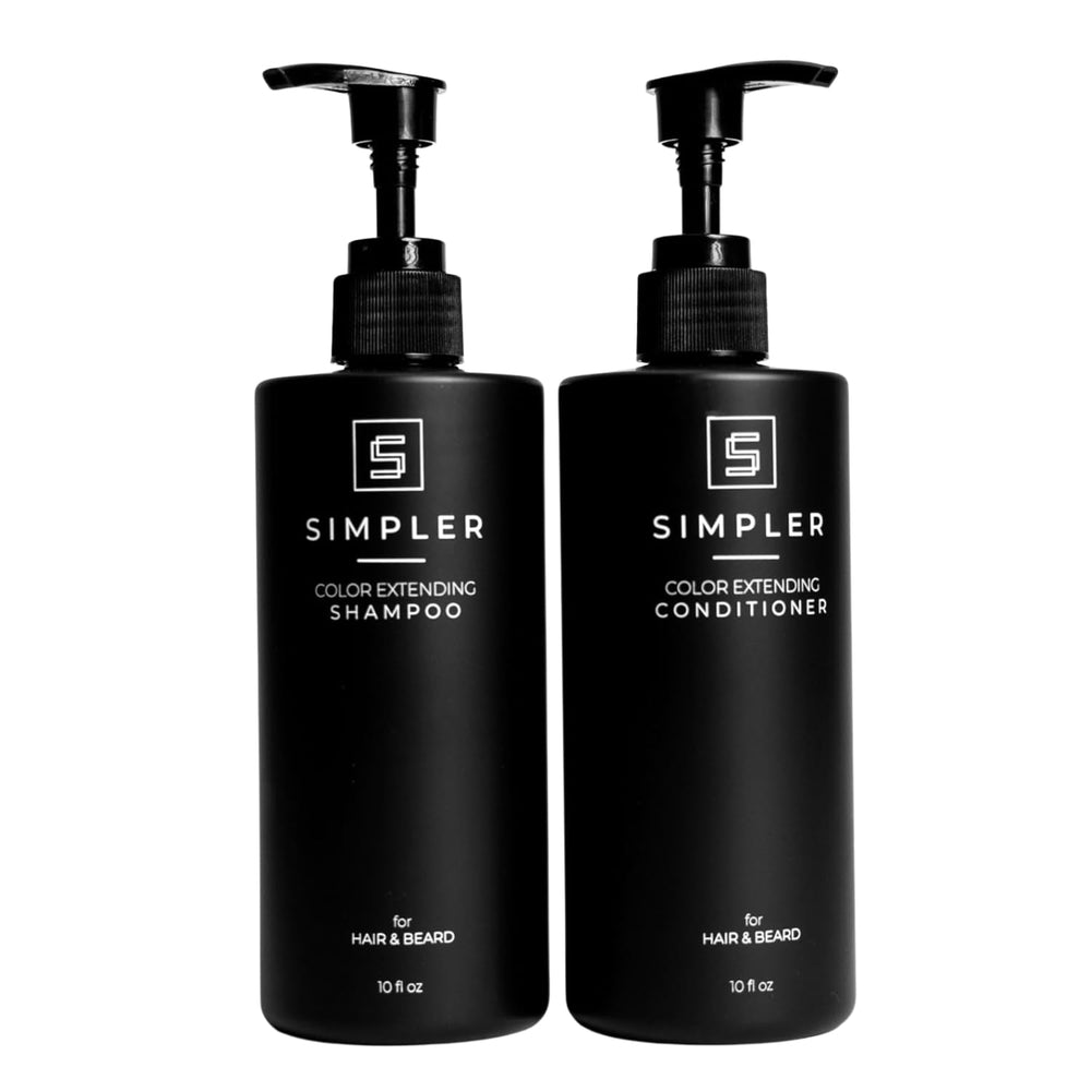 Simpler Hair Color Mountain Spice shampoo bottle pour demonstrates color protection.