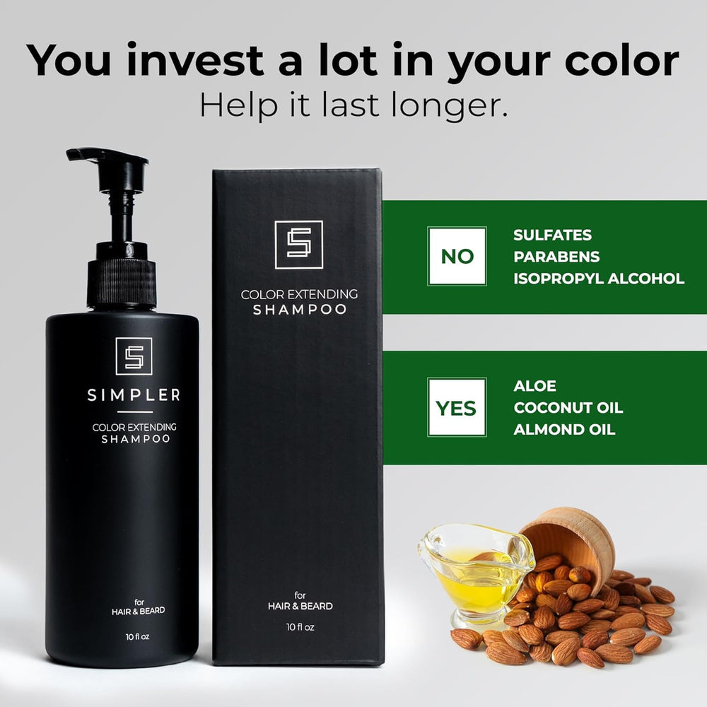 SIMPLER HAIR COLOR Shampoo bottle shown with conditioner for complete color routine.