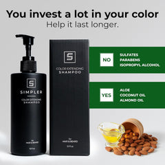 SIMPLER HAIR COLOR Shampoo bottle shown with conditioner for complete color routine.