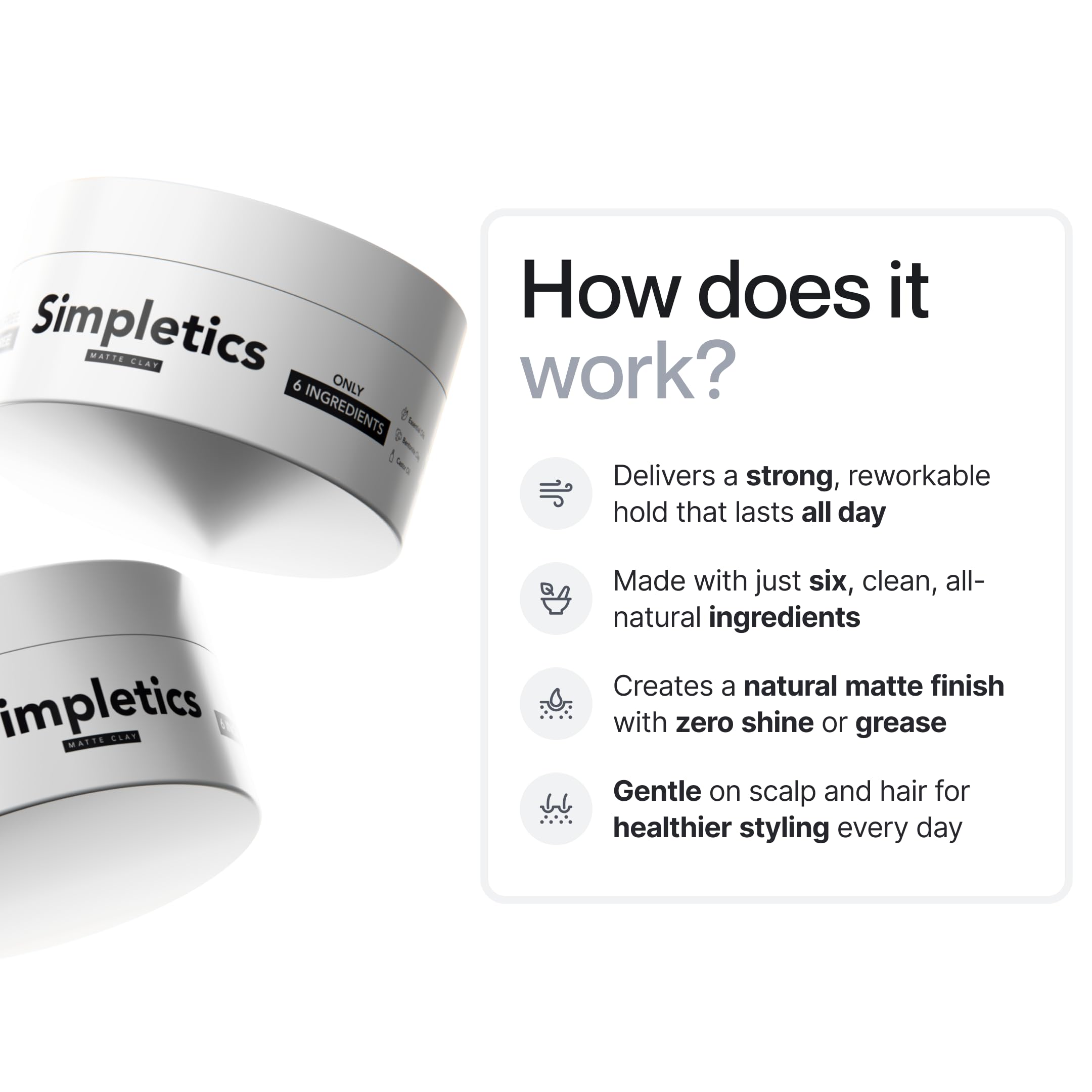 Hands applying Simpletics Hair Clay for flexible hold and control.