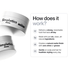 Hands applying Simpletics Hair Clay for flexible hold and control.