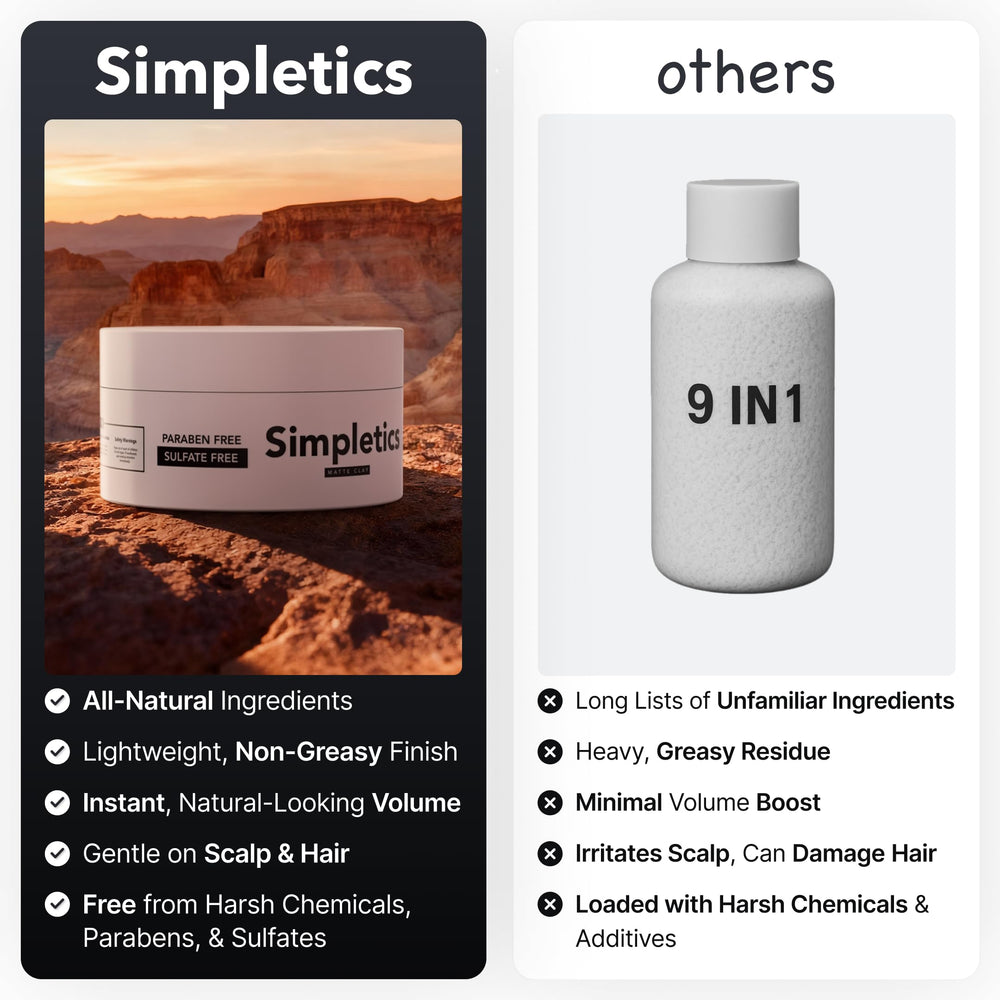 Model shows natural matte finish achieved with Simpletics Hair Clay.
