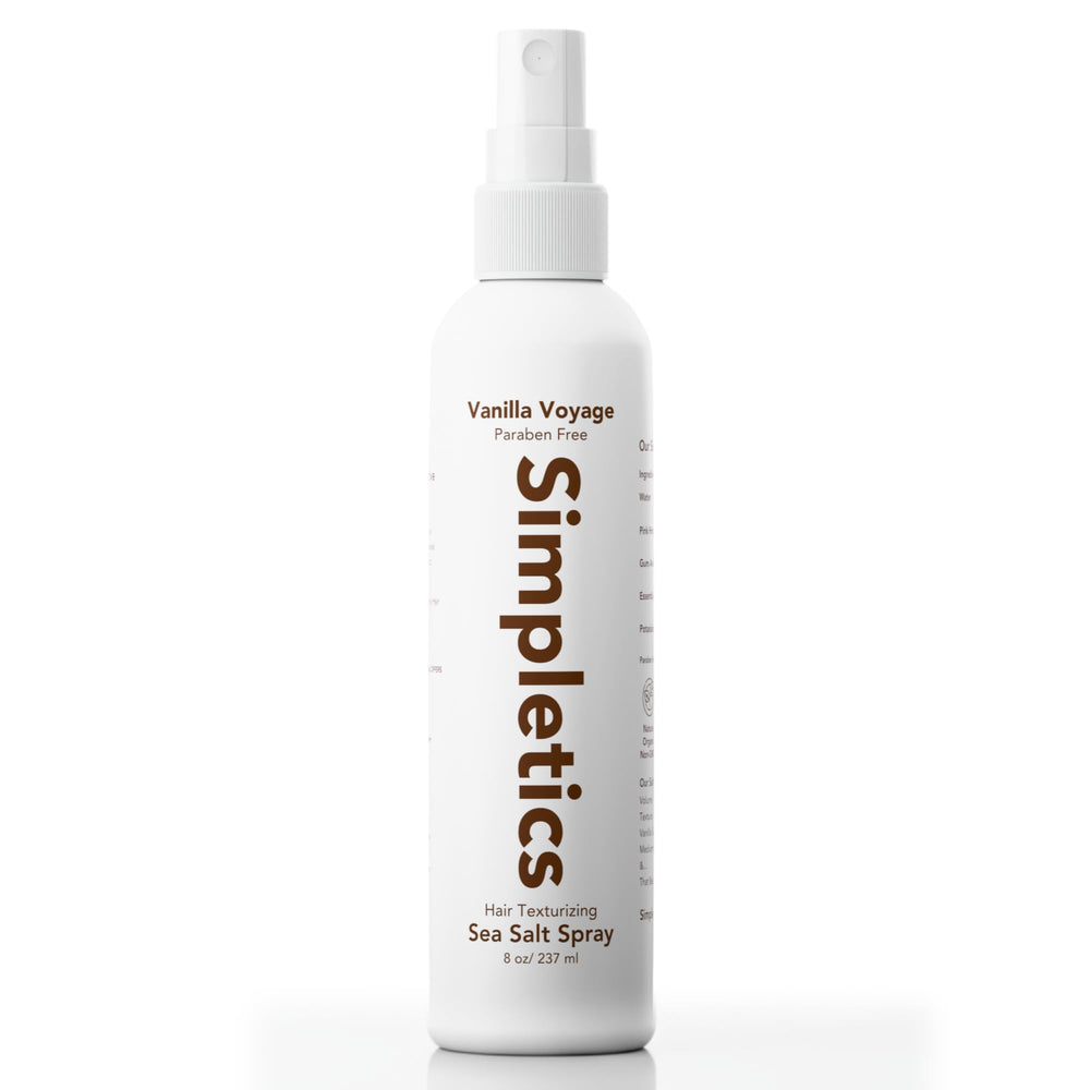 Simpletics Himalayan Sea Salt Hair Spray bottle with vanilla scent for beachy waves.