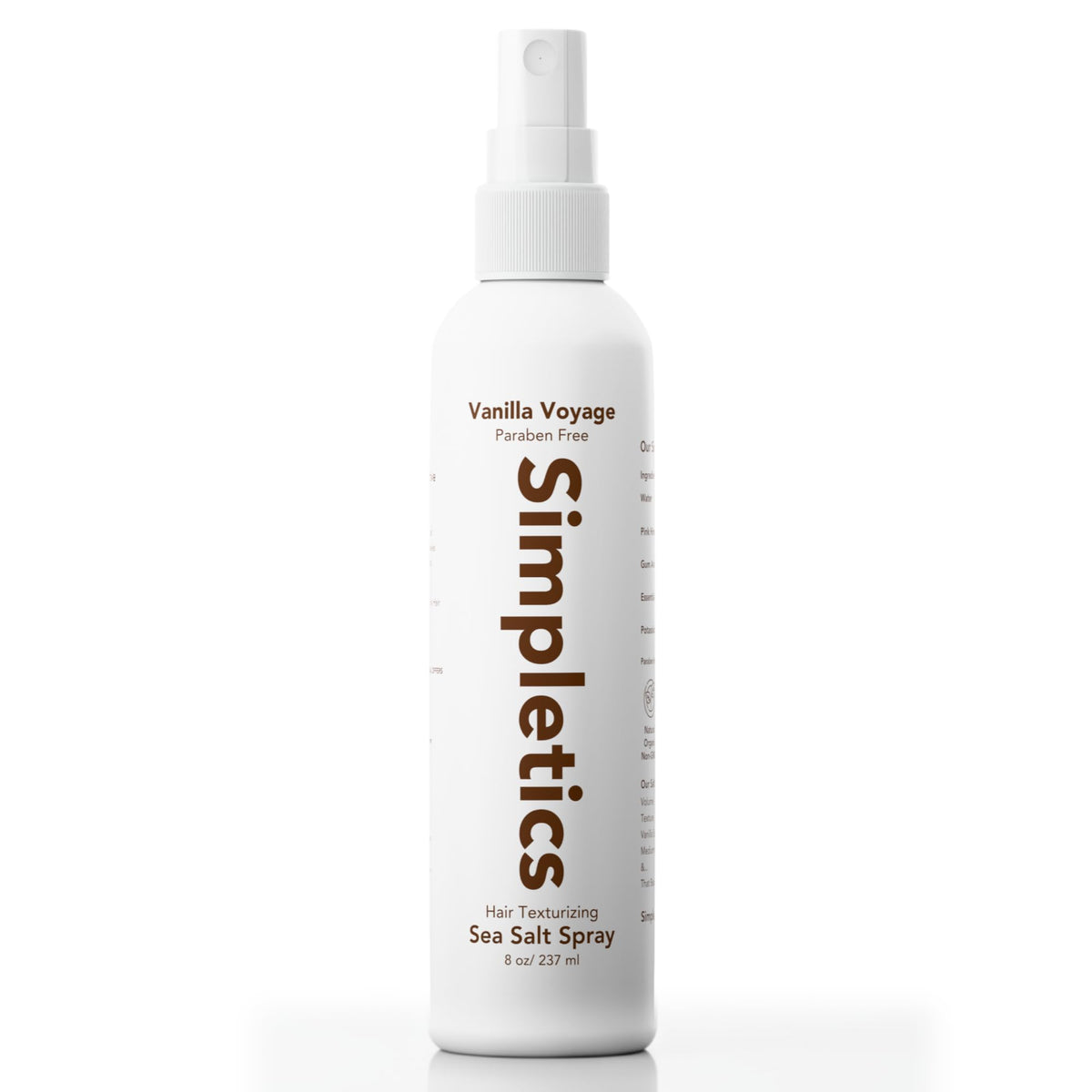 Simpletics Himalayan Sea Salt Hair Spray bottle with vanilla scent for beachy waves.