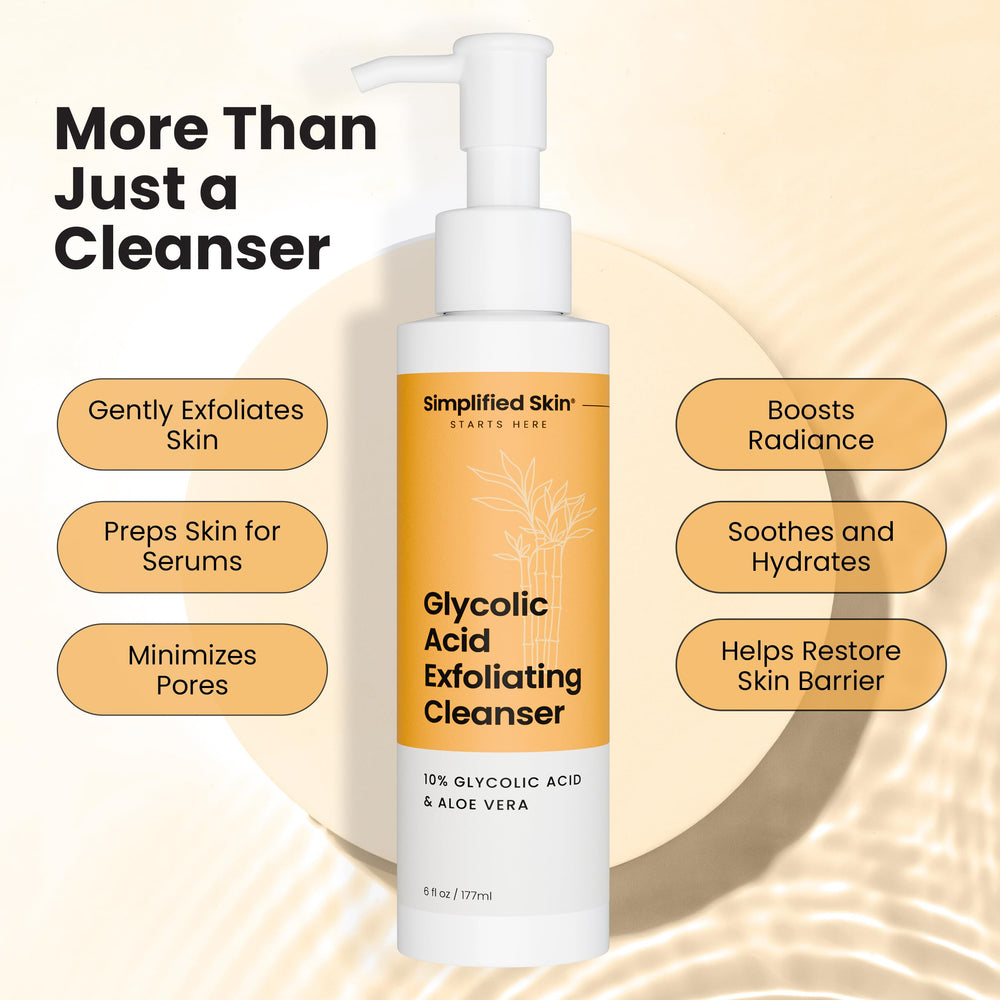 Simplified Skin glycolic face wash bottle shown on bathroom counter for daily use.
