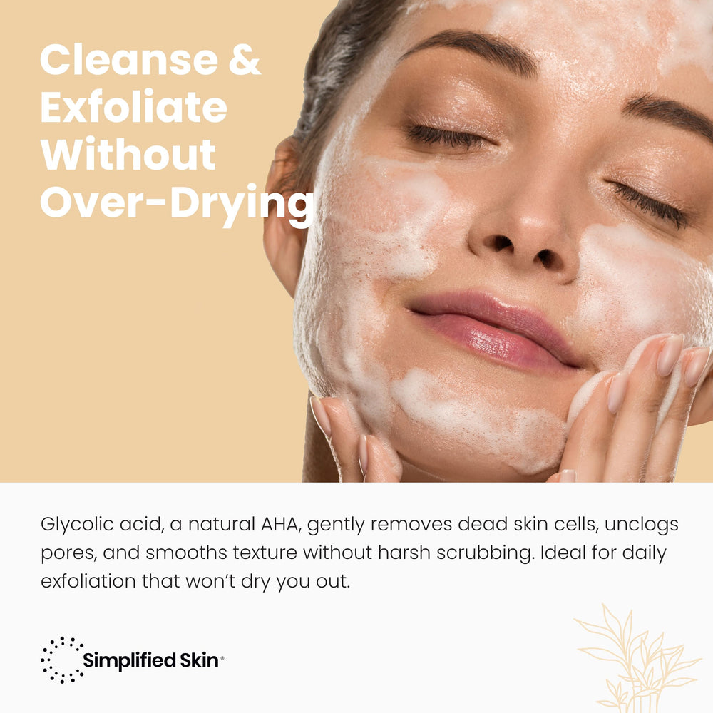 Close-up of foam from Simplified Skin glycolic wash showing lather and cleanse action.
