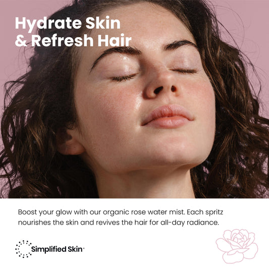 Simplified Skin rose water spray for hair delivering lightweight moisture and aroma.