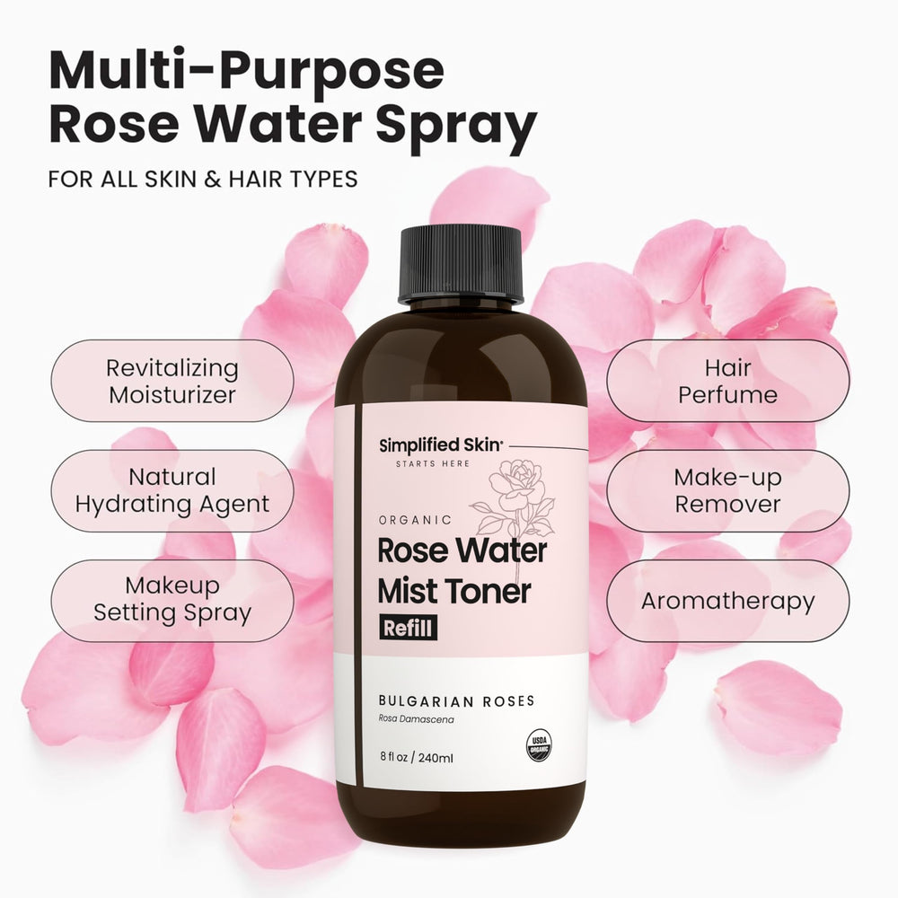 Simplified Skin Rose Water Spray spa-scene evokes calming skincare ritual.