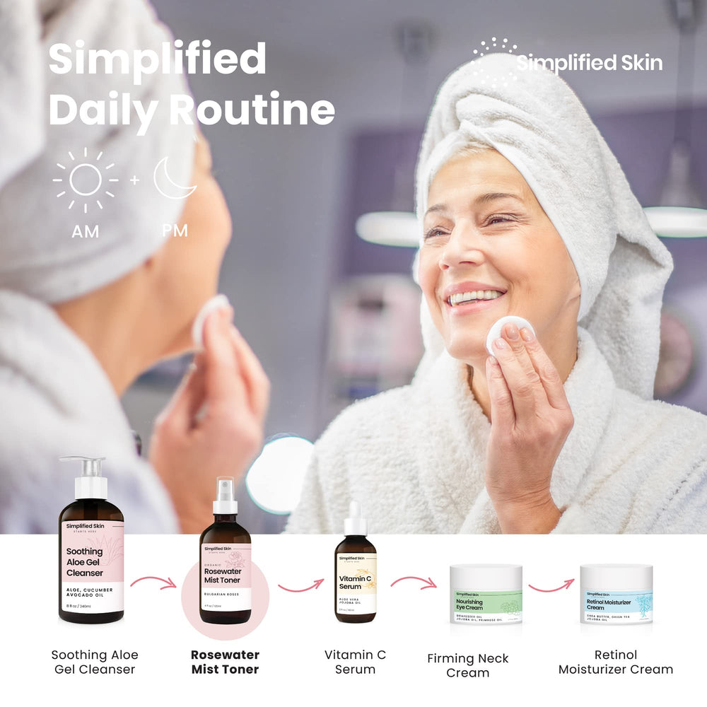Simplified Skin Rose Water Spray spray nozzle in action for easy use.
