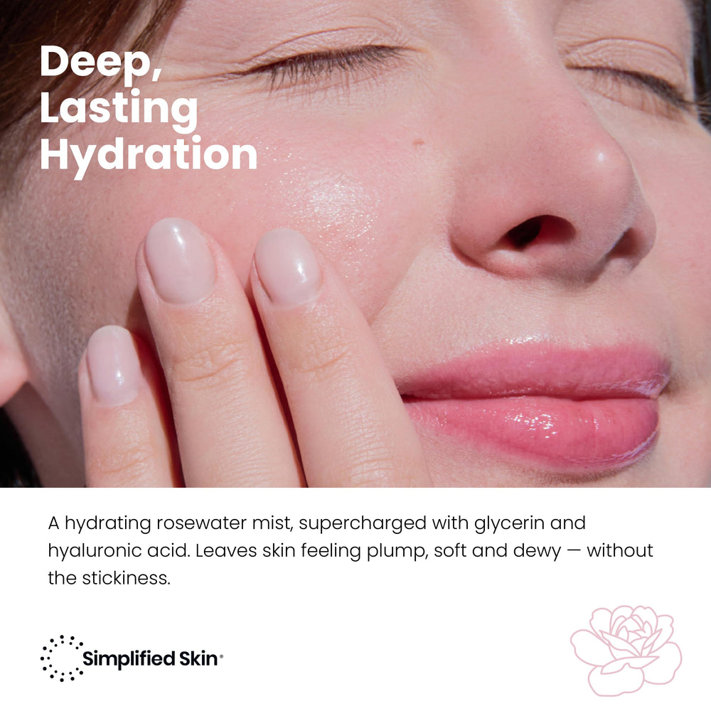 Simplified Skin rosewater mist on face delivers refreshing hydration all day.