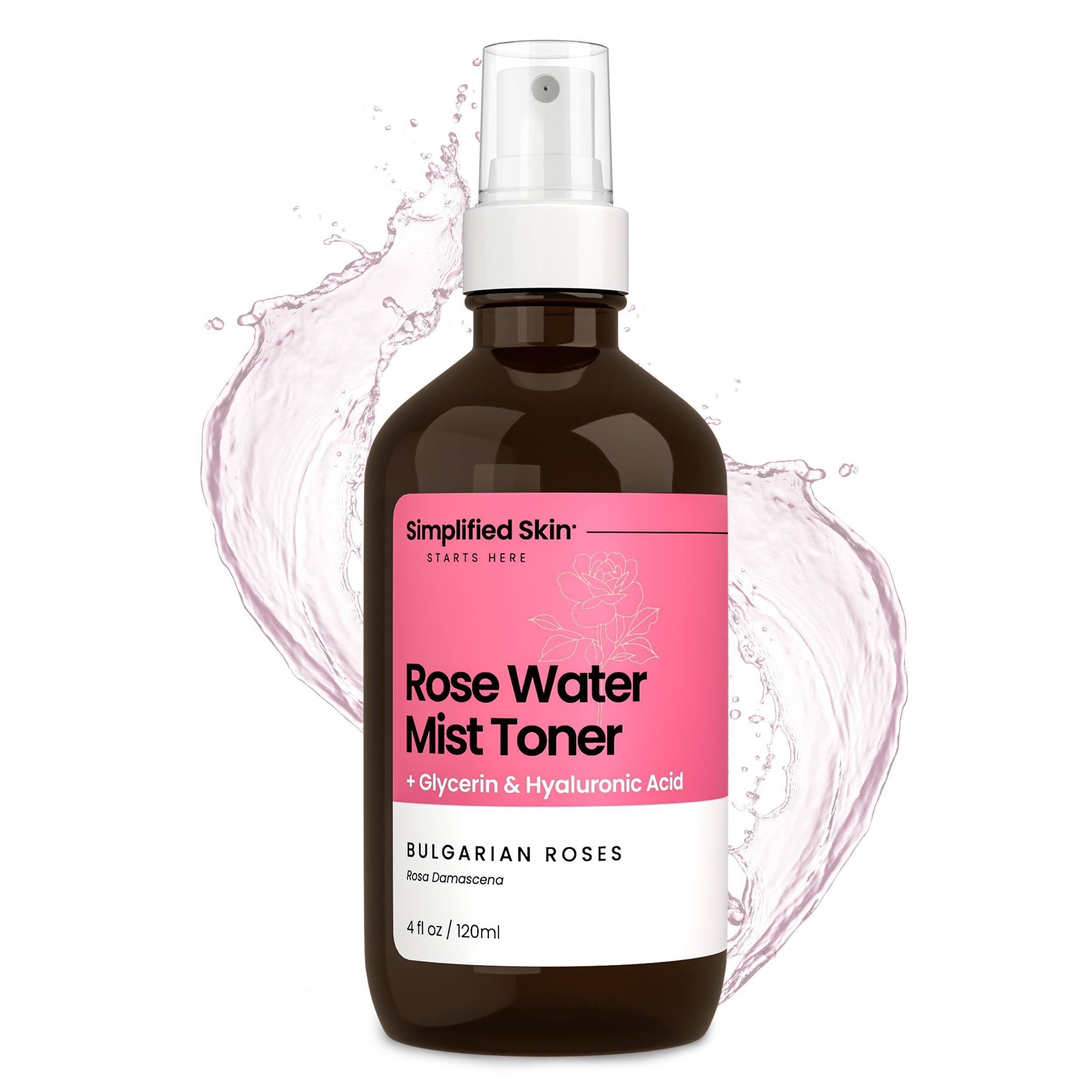 Simplified Skin rosewater spray bottle with ultra-fine mist for quick hydration.