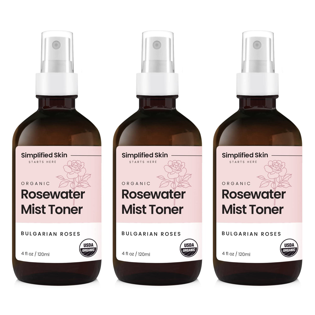 Simplified Skin rosewater spray bottle for refreshing facial and hair hydration
